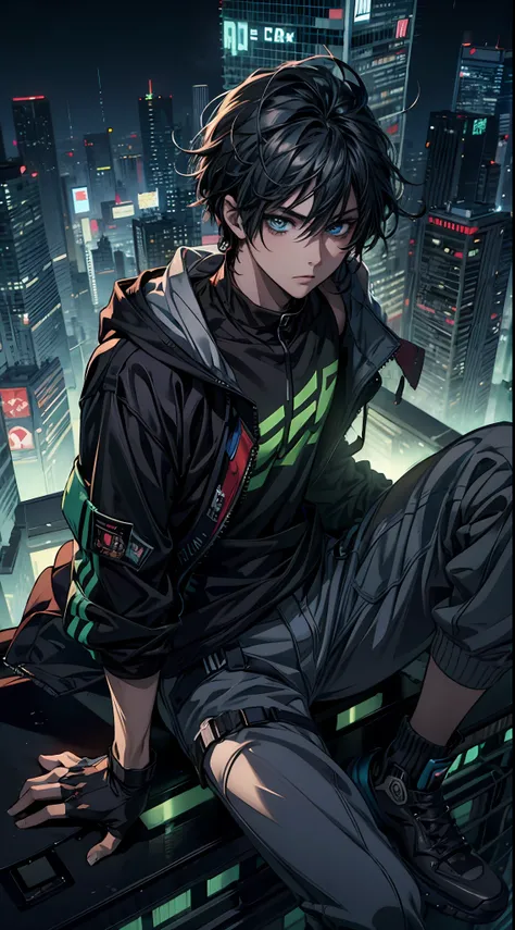 anime boy sitting on a ledge in a city at night, digital cyberpunk anime art, anime cyberpunk art, cyberpunk anime art, modern cyberpunk anime, digital cyberpunk - anime art, anime cyberpunk, badass anime 8 k, anime style 4 k, 4k anime wallpaper, tall anime guy with blue eyes, cyberpunk anime girl in hoodie, hd anime wallaper, cyberpunk hero