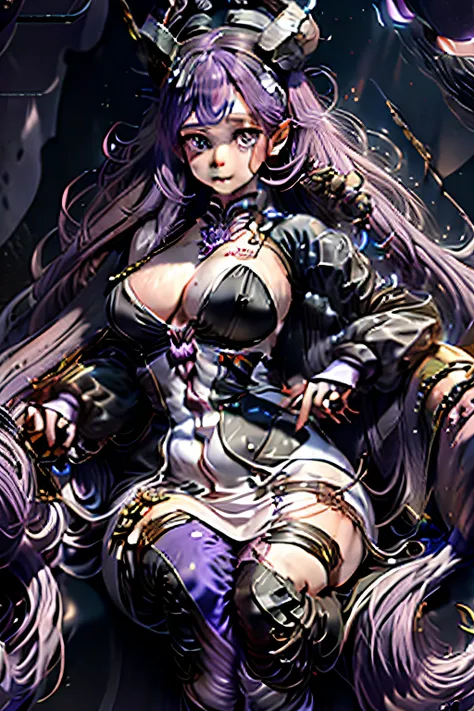 A two-dimensional woman who produces a pair of purple hair,Girl body type,long whitr hair,Two small horns are tied out of the hair on the top of the head,Wearing a small dress in white with purple,Wearing black silk,Plump body shape