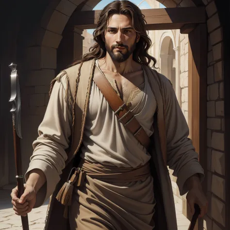 a beautiful ultra-thin realistic portrait of jesus, the prophet, a man 33 years old hebrew brunette, short brown hair, long brow...