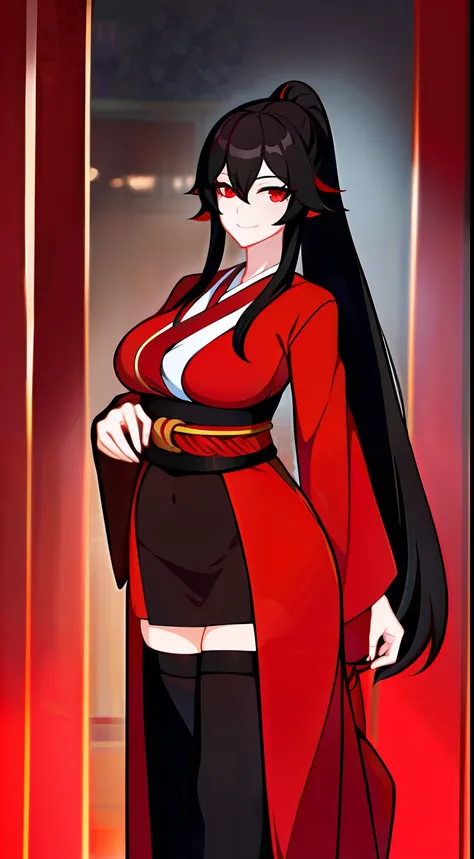 Adult woman, Long black hair, high ponytail, red-eyes, red kimono, open belly, Huge-breasts, open thighs, ssmile, Masterpiece, hiquality