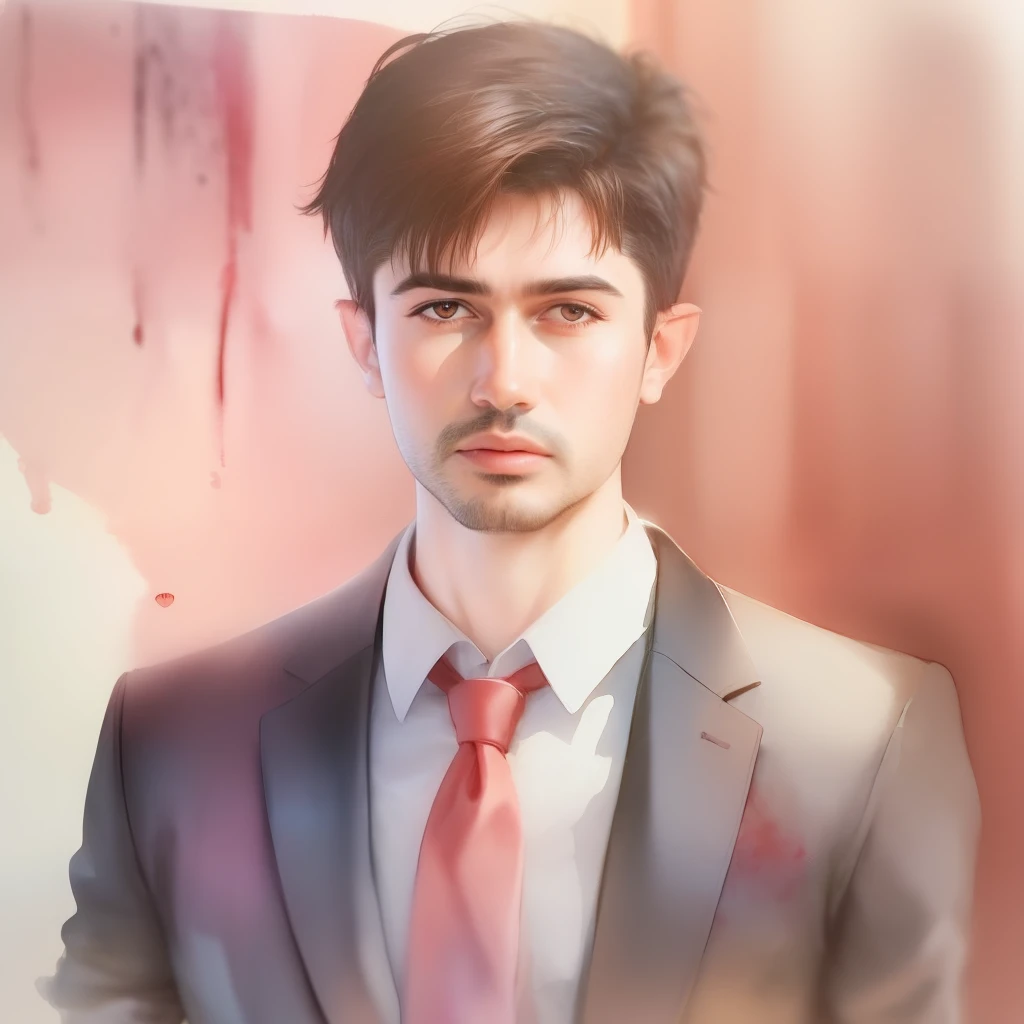 (a watercolor and pencil drawing of an incredibly handsome 25-year-old lawyer with short dark brown hair, labios vermelhos