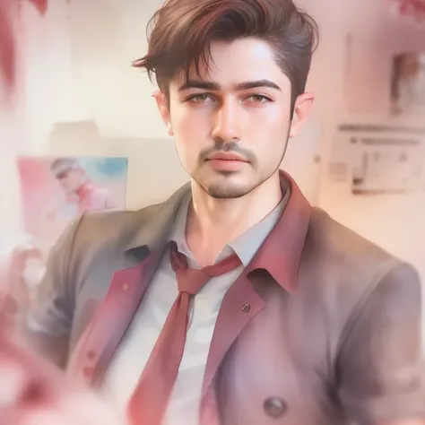 (a watercolor and pencil drawing of an incredibly handsome 25-year-old engineer with short dark brown hair, labios vermelhos, corpo magro em forma