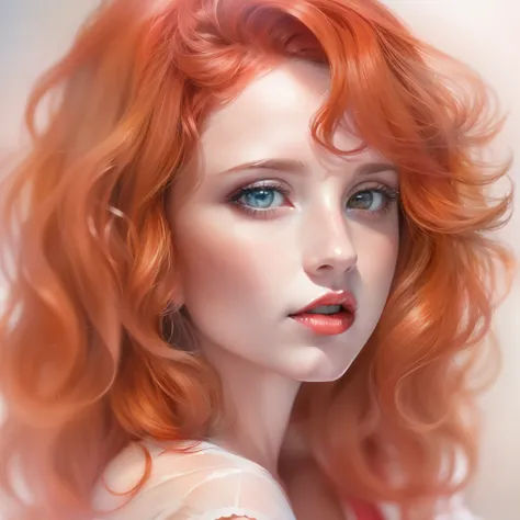 (a watercolor and pencil drawing of an incredibly beautiful 25-year-old woman with wavy red hair, red-lips, olhos cor de mel, se...