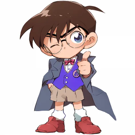 Cartoon boy wearing blue coat and glasses with purple vest, inspired by Unichi Hiratsuka, inspired by Junpei Satoh, inspired by Ryuzaburo Umehara, inspired by Tsuchiya Koitsu, inspired by Hisui Sugiura, shinichi sakamoto, Safebooru anime image, style of an...