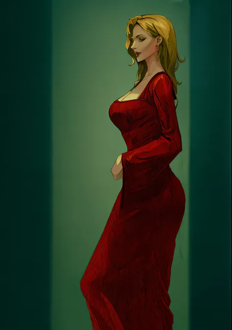 there is a woman in a red dress standing in a room, in a red dress, red dress, wearing a red dress, fully clothed. painting of s...