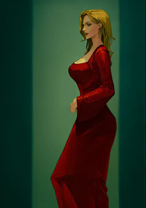 there is a woman in a red dress standing in a room, in a red dress, red dress, wearing a red dress, fully clothed. painting of s...