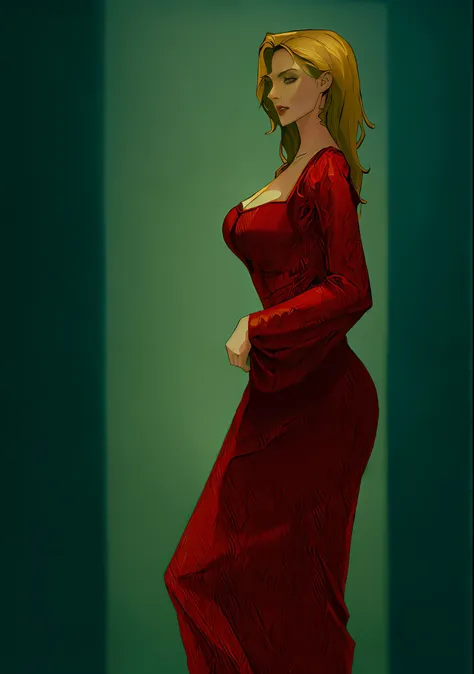 there is a woman in a red dress standing in a room, in a red dress, red dress, wearing a red dress, fully clothed. painting of s...