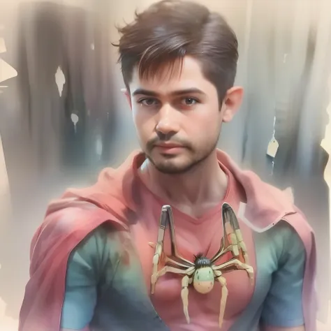 a watercolor and pencil drawing of a man in a 31-year-old standing spider-man outfit with short dark brown hair, rosto sexy, olh...