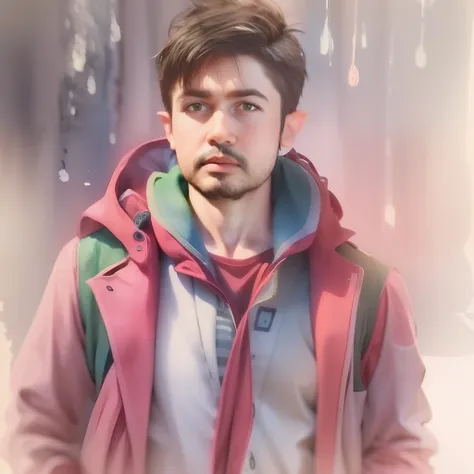 a watercolor and pencil drawing of a man in a 28-year-old spider-man outfit with short dark brown hair, serious face, olhos cast...