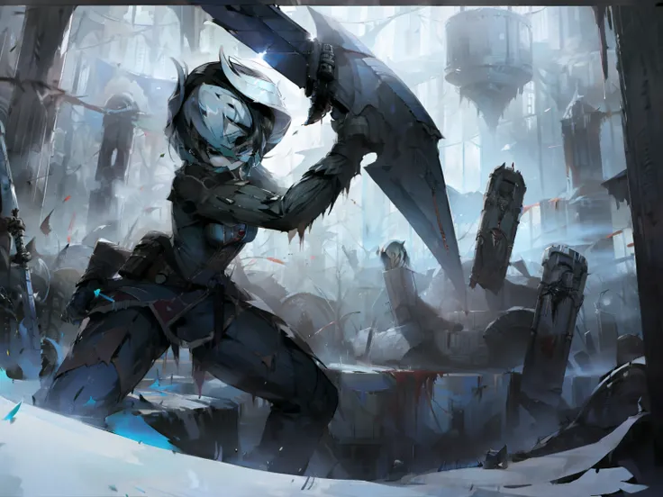 Fighting, 1girl, beast, sword in hand, covered in blood