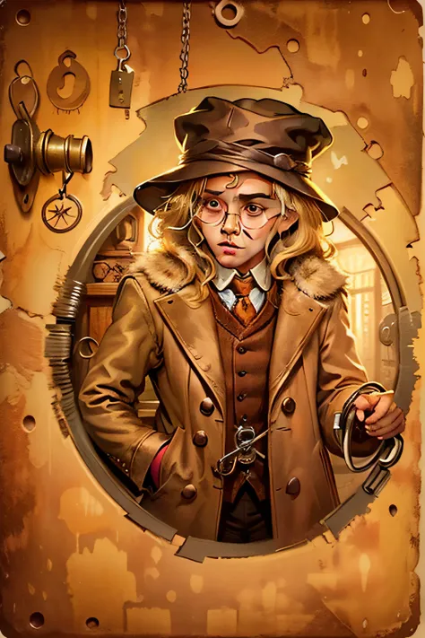 1 Man, Harry PotTer Character, Small that hide in lock key hole. Olil Paint style, High resolution, Sepia, Brown art style, Beatuful, Alice in wonderland style.
