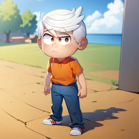 ((masterpiece, best quality)),(complex light),solo, solo focus, full body,1boy,lincoln loud, blue pants, simple background, standing,brown eyes, white hair,
