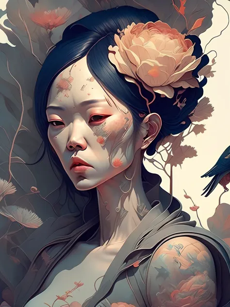 cyberpunk style, a painting of an asian woman with flowers and leaves on her head and a bird on her shoulder by james jean