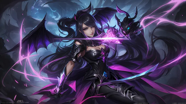 tmasterpiece, Highest image quality, art cg, ultra-clear, 1girll, Black scaled demon monster, Anime girl with wings and sword on dark background, ahri, Artgerm Plat, Irelia from League of Legends, artgerm detailed, Extremely detailed Artgerm, Irelia, morga...