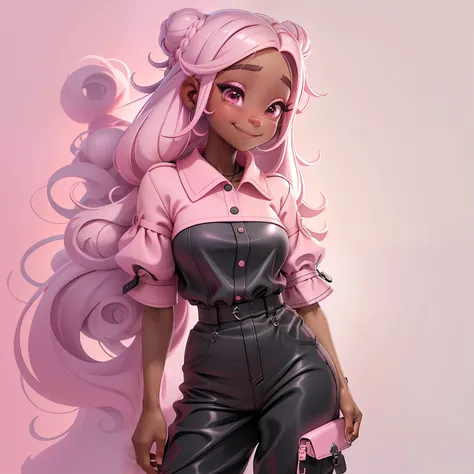 menina, corpo inteiro, renda delicada, sorrindo e leve, tons claros, celular, livros e mochila, Slime cabelo longo bun estilo de cabelo, preto e rosa, pele clara, cabelo loiro dourados, roupas de jardineiro, pink and detailed jumpsuit, master part, best qu...