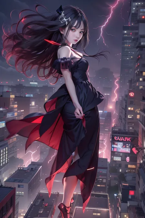 albino girl from gothloli is floating in the city with one hand in front of her,woman in black dress with red and black hair, go...