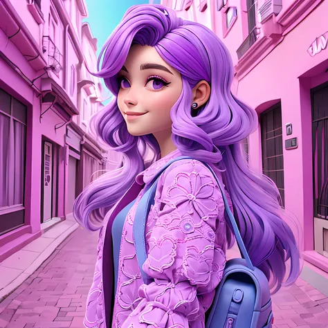 uma menina jovem, seu cabelo esta solto, with delicate lace, purple lilac tone with light pink locks, roupas leves, mochila, fon...