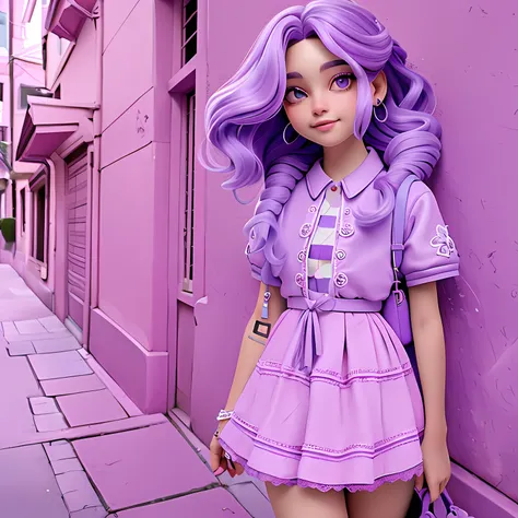 uma menina jovem, seu cabelo esta solto, with delicate lace, purple lilac tone with light pink locks, roupas leves, mochila, fon...