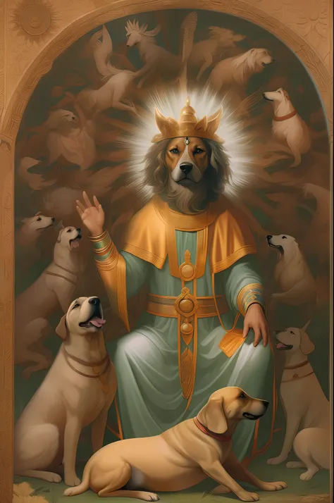 image of a dog-man hybrid as a god worshipped by other dogs, imagem divina, religiosa, 8k.