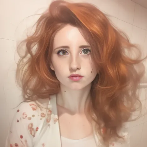 A watercolor and pencil drawing of a 32-year-old woman with wavy dark red hair, neve, (rosto LiliArt), atraente deslumbrante, delicate lips, rosy lips, symmetric eyes, olhos cor de mel, lindo colar delicado, Frown lines on the face, rosto bonito, rosto sex...