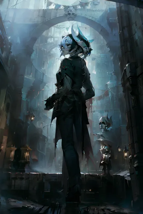 (( best quality, masterpiece)) Standing in dark alley, night, lit by street lantern, skull in hand, drenched in blood, sadistic smile
