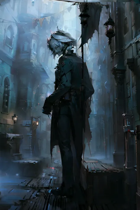 (( best quality, masterpiece)) Standing in dark alley, night, lit by street lantern, skull in hand, drenched in blood, sadistic smile