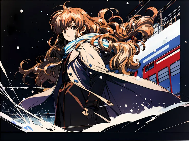 taiga aisaka by a train station on a snowy winter night, vhs, vintage, manga style, snow, black background, (bangs), wavy hair, ...