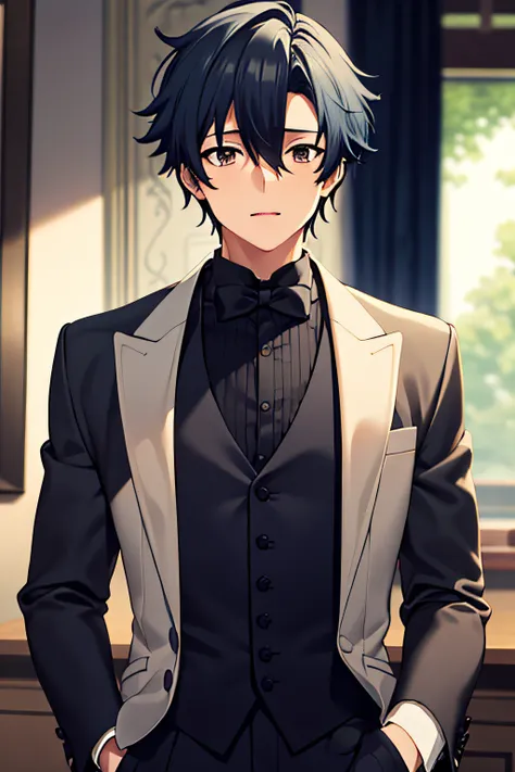 masterpiece, best quality, high quality, 1boy, solo, male focus, looking at viewer, upper body, blue hair, brown eyes, butler ou...