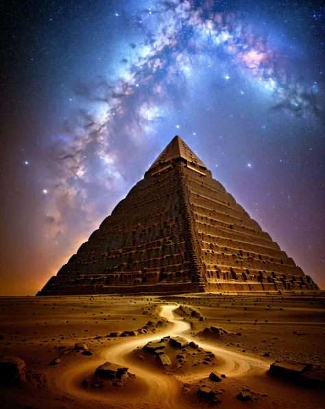 An ancient pyramid floating in an infinite universe. The pyramid is sparsely populated with stars. masterpiece, sharp, ultra detail, 8k,cyberspace soldier, angle view, top quality, dim, (high detail background:1.2),(high detail characters:1.2), dslr, soft ...