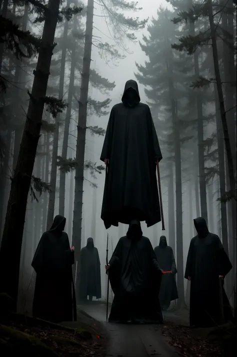 in the foggy forest roads line up cultists or grim reaper with scythes，they wore black robes and hoods，no face to see，in the dis...