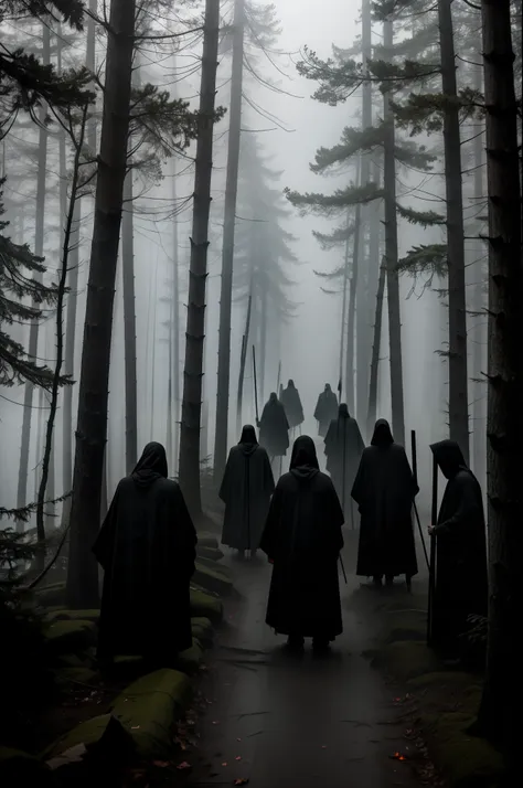 in the foggy forest roads line up cultists or grim reaper with scythes，they wore black robes and hoods，no face to see，in the dis...