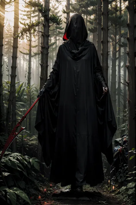 in the foggy forest roads line up cultists or grim reaper with scythes，they wore black robes and hoods，no face to see，in the dis...