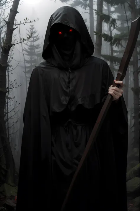 in the foggy forest at night line cultists or grim reaper with scythes，they wore black robes and hoods，no face to see，in the dis...