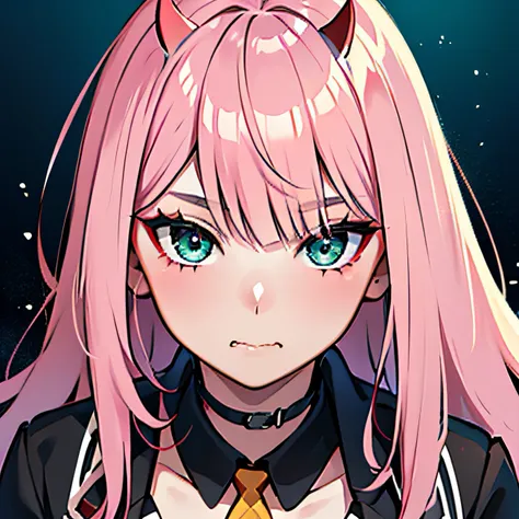 zerotwo \(darling on franxx\), darling on franxx, 1girll, closed mouth, bangs, , bite, eye shadows, green eyes, hair behind head...