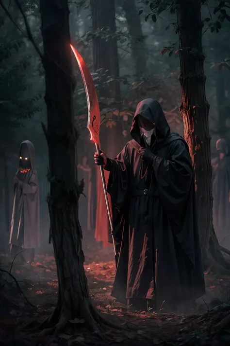 in the foggy forest at night line cultists or grim reaper with scythes，they wore black robes and hoods，no face to see，in the dis...