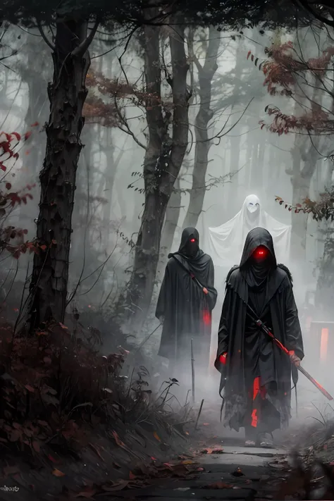 in the foggy forest at night line cultists or grim reaper with scythes，they wore black robes and hoods，no face to see，in the dis...