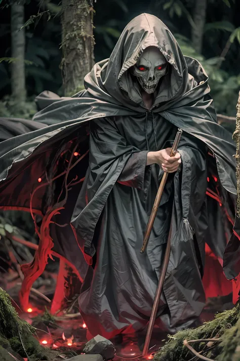 in the forest at night line cultists or grim reaper with scythes，they wore black robes and hoods，the demons，the ground is smoky ...