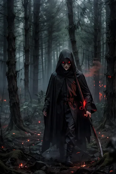 in the forest at night line cultists or grim reaper with scythes，they wore black robes and hoods，the demons，the ground is smoky ...