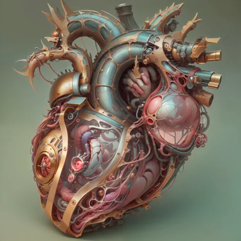 best qualtiy,tmasterpiece,超高分辨率,(realisticlying:1.4),absurderes,intriguing,High color saturation,3D Anatomy,Glow-emitting pulsating veins,sci-fy,3D mechanical biological heart, fanciful,Beautiful 3D human heart decoration design,human heart,hisui/Gold and ...