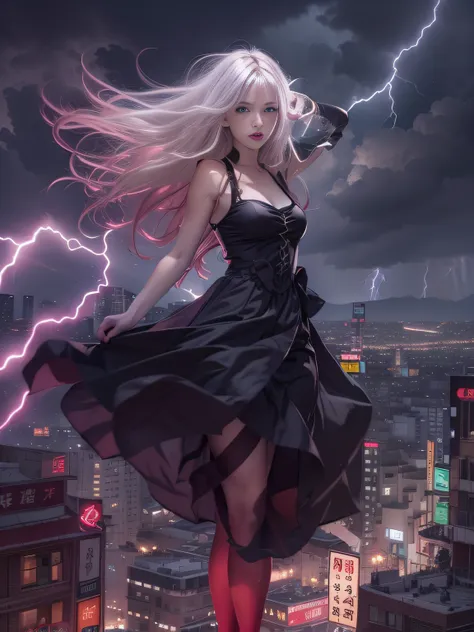 black goth-rowley girl floating in the city with lightning,gothloli albino girl floating in the city with one hand,woman in blac...