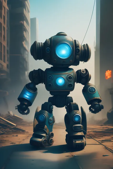 beautifully detailed background, detailed background, small robot in overgrown city, rollerblade on feet, action pose, blue robo...