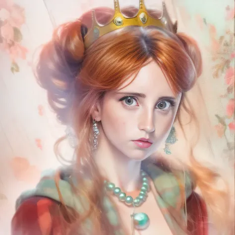 a watercolor and pencil drawing of a 32-year-old princess with wavy dark red hair, delicate lips, olhos cor de mel, golden crown...