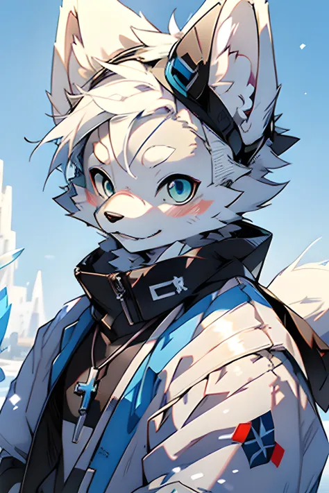 male anime arctic fox，blue colored eyes，white hair，he has a blue rosary around his neck， very very beautiful furry art， trending...