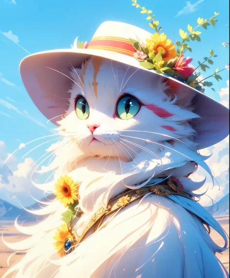 masterpiece, best quality, no humans, hat, flower, colored sclera, green eyes, cat, yellow sclera, whiskers, solo, animal focus,...