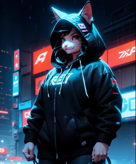 solo, cat ears, (furry:1.4), (cowboy shot:1.5), hoodie, standing, from below, 
cyberpunk, neon, digital signage, cyberpunkai, ra...