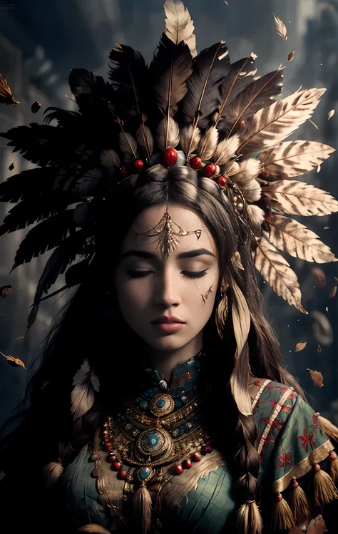 (full portrait), (half shot), solo, detailed background, detailed face, (stonepunkAI, stone theme:1.1), wise, (female), (native american), (beautiful hair, braids:0.2), shaman, septum piercing, mystical, (gorgeous face), stunning, head tilted upwards, (eye...