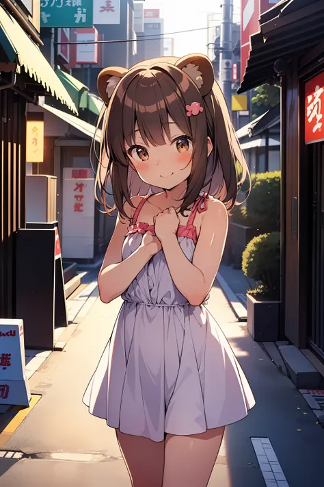 tanuki girl, loli tanuki, kawaii, on a streets of tokyo, sunset, sunbeams, magical lighting, akihabara, in cute short dress, und...