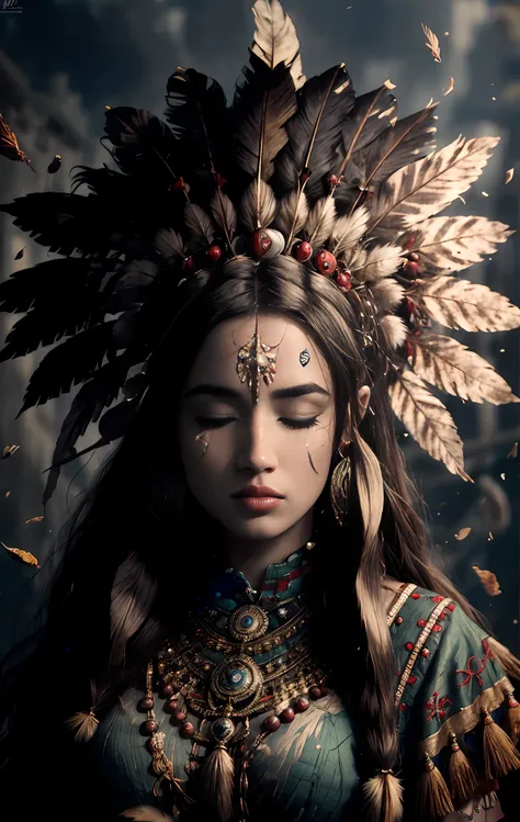 (full portrait), (half shot), solo, detailed background, detailed face, (stonepunkAI, stone theme:1.1), wise, (female), (native american), (beautiful hair, braids:0.2), shaman, septum piercing, mystical, (gorgeous face), stunning, head tilted upwards, (eye...