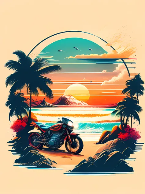 "moto, a beach in a summer landscape, design de camiseta, midjourney, arte vetorial, hydro74"