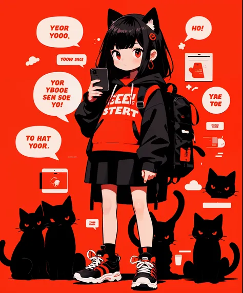 1girl, red eyes, red background, hood, backpack, cat, red hoodie, drawstring, black hair, shoes, hood down, hoodie, long sleeves...